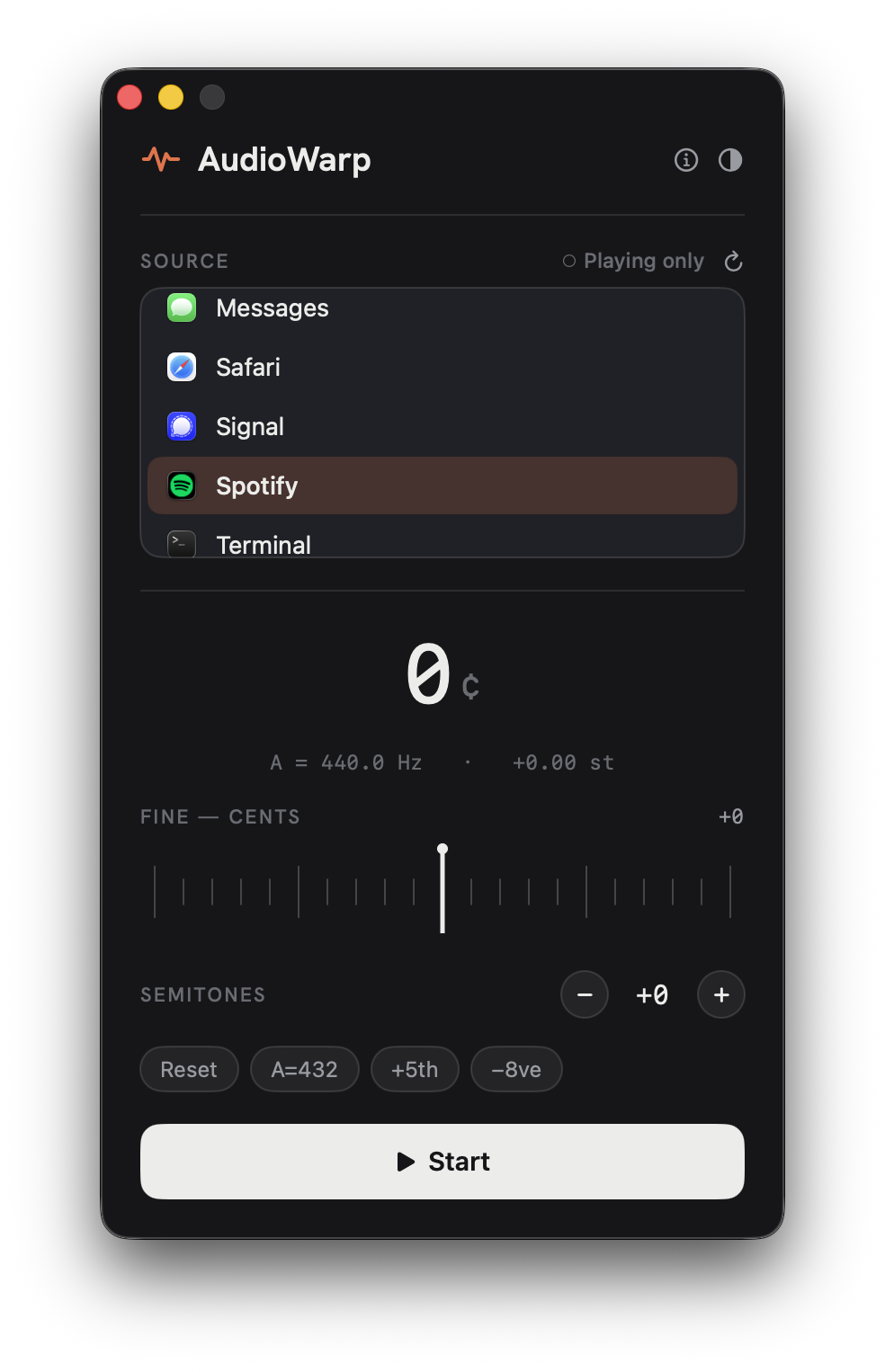 AudioWarp window: a source list with Spotify selected, a 0-cent detune readout at A = 440 Hz, a fine-cents slider, a semitone stepper with presets, and a Start button.
